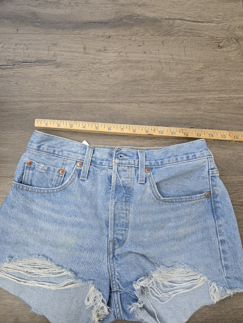Levi's Light Blue Distressed High-Waist Jean Shorts - Picture 5 of 13